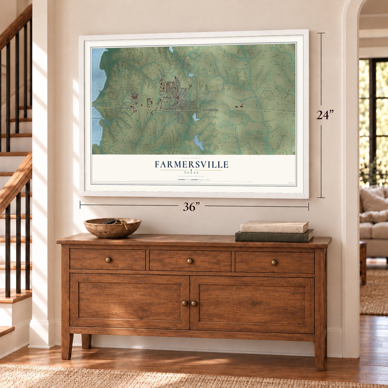 Farmersville, Texas map, 24 x 36 inch print in a white frame above a dresser by a staircase