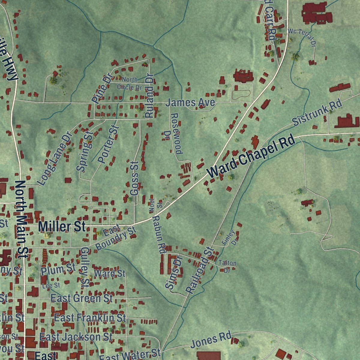 Second close-up of the map of Farmerville, Louisiana print showing more streets and buildings