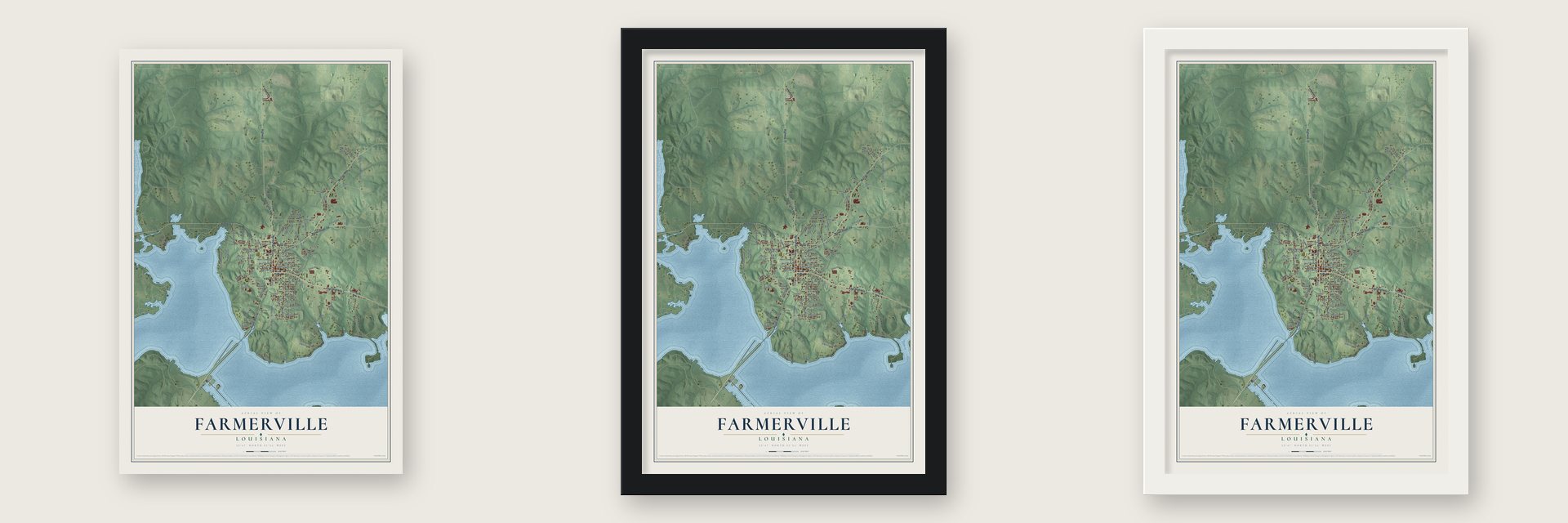 Farmerville, Louisiana map unframed, in a black wood frame and in a white wood frame