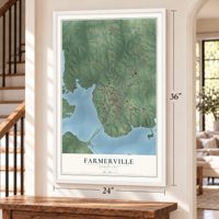Farmerville, Louisiana map, 24 x 36 inch print in a white frame by a staircase