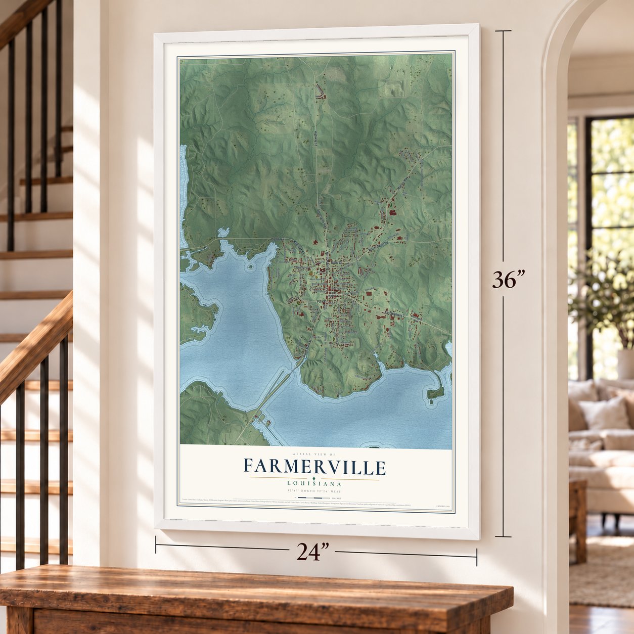 Farmerville, Louisiana map, 24 x 36 inch print in a white frame by a staircase