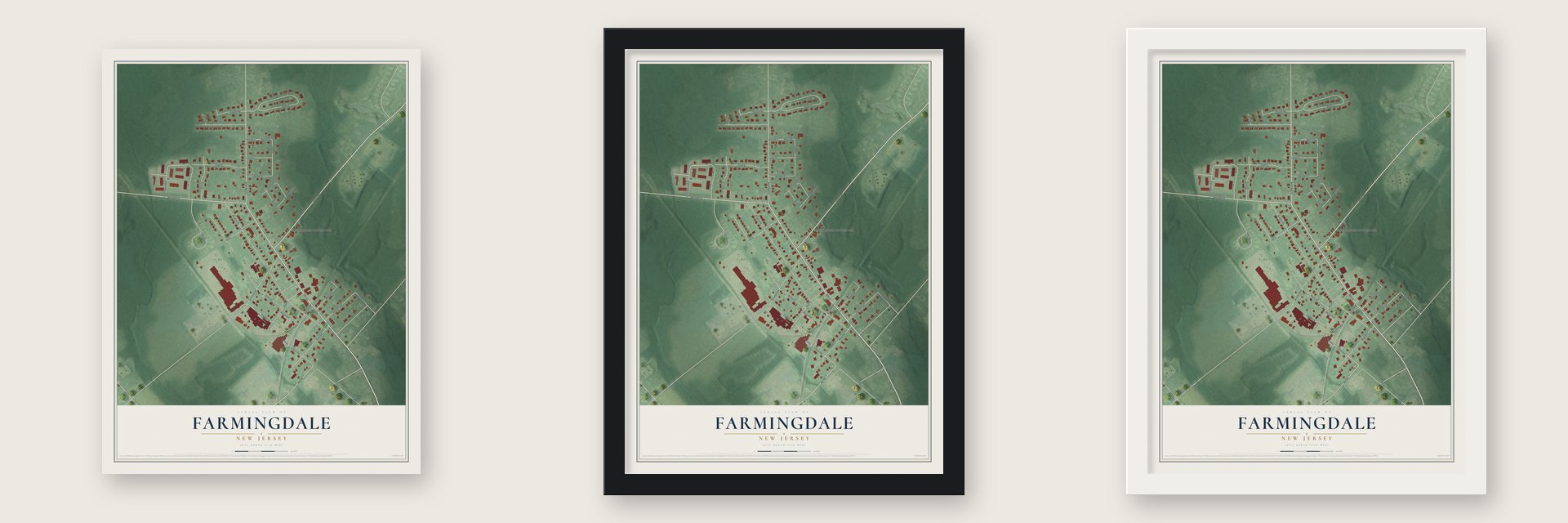 Farmingdale, New Jersey map unframed, in a black wood frame and in a white wood frame