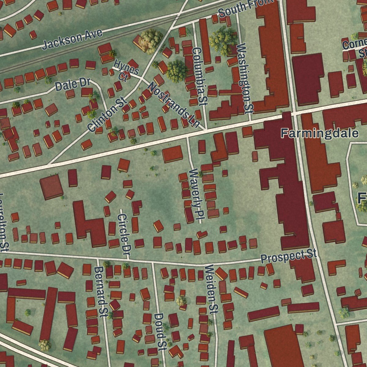 Second close-up of the map of Farmingdale, New York print showing more streets and buildings