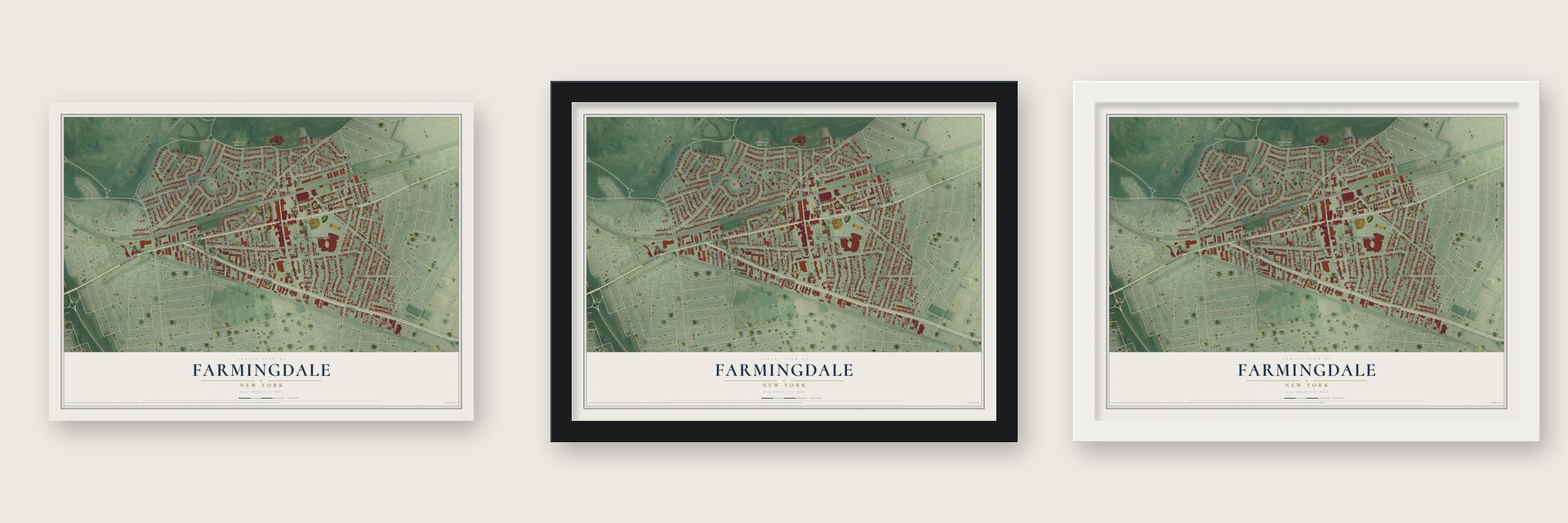 Farmingdale, New York map unframed, in a black wood frame and in a white wood frame