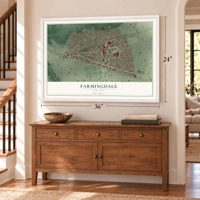 Farmingdale, New York map, 24 x 36 inch print in a white frame above a dresser by a staircase