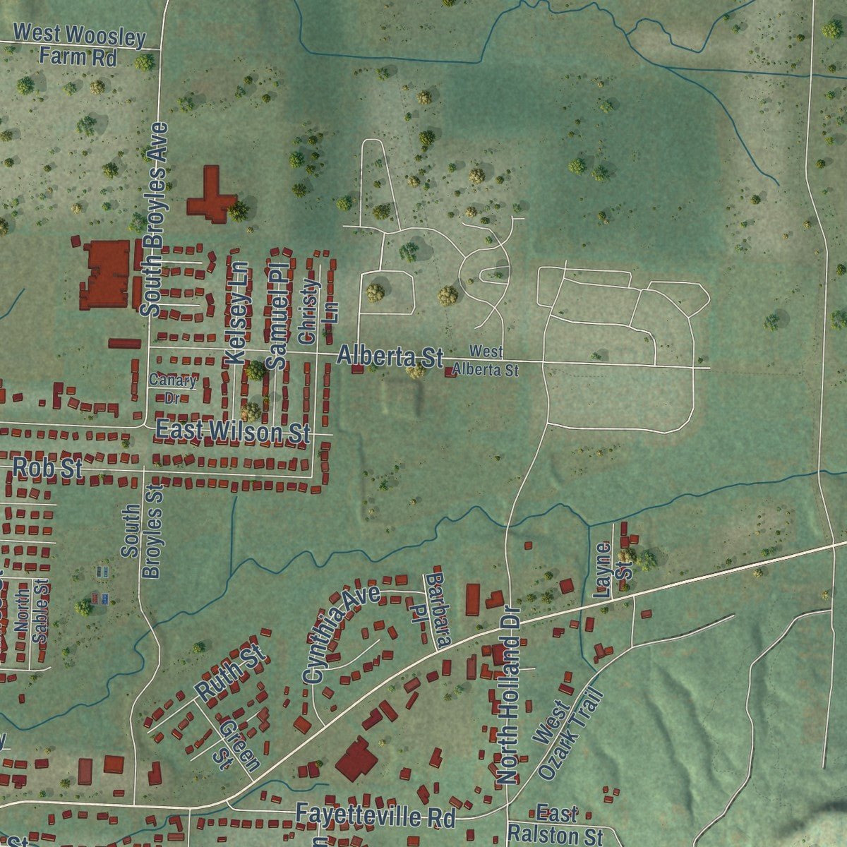 Second close-up of the map of Farmington, Arkansas print showing more streets and buildings