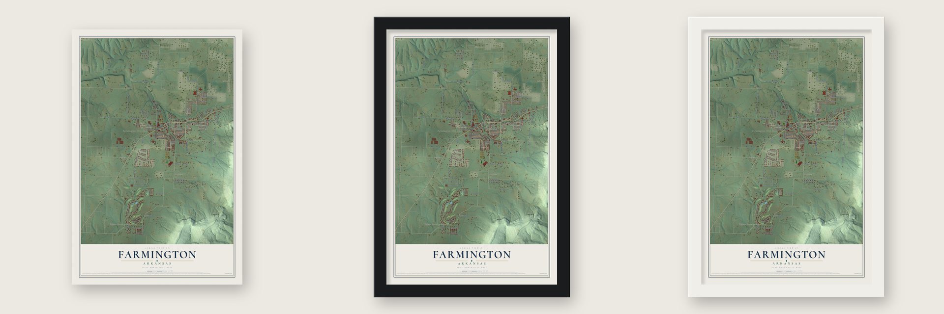 Farmington, Arkansas map unframed, in a black wood frame and in a white wood frame