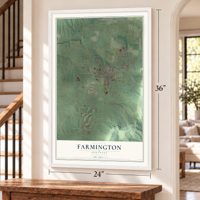 Farmington, Arkansas map, 24 x 36 inch print in a white frame by a staircase