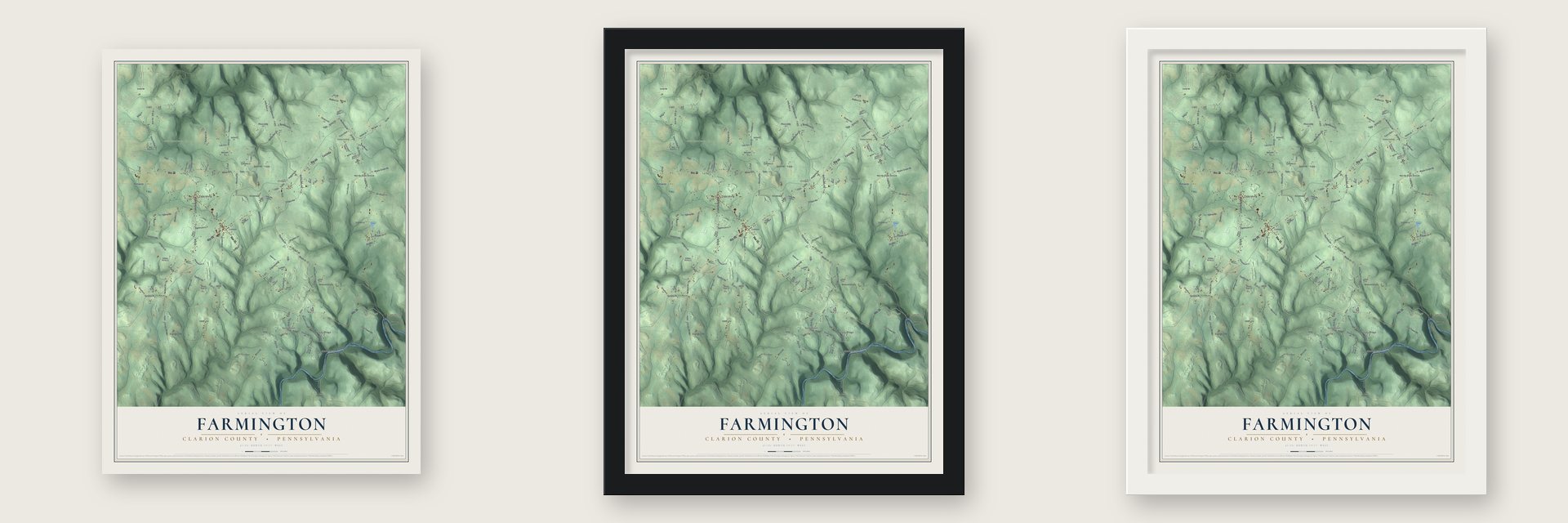 Farmington, Clarion County, Pennsylvania map unframed, in a black wood frame and in a white wood frame