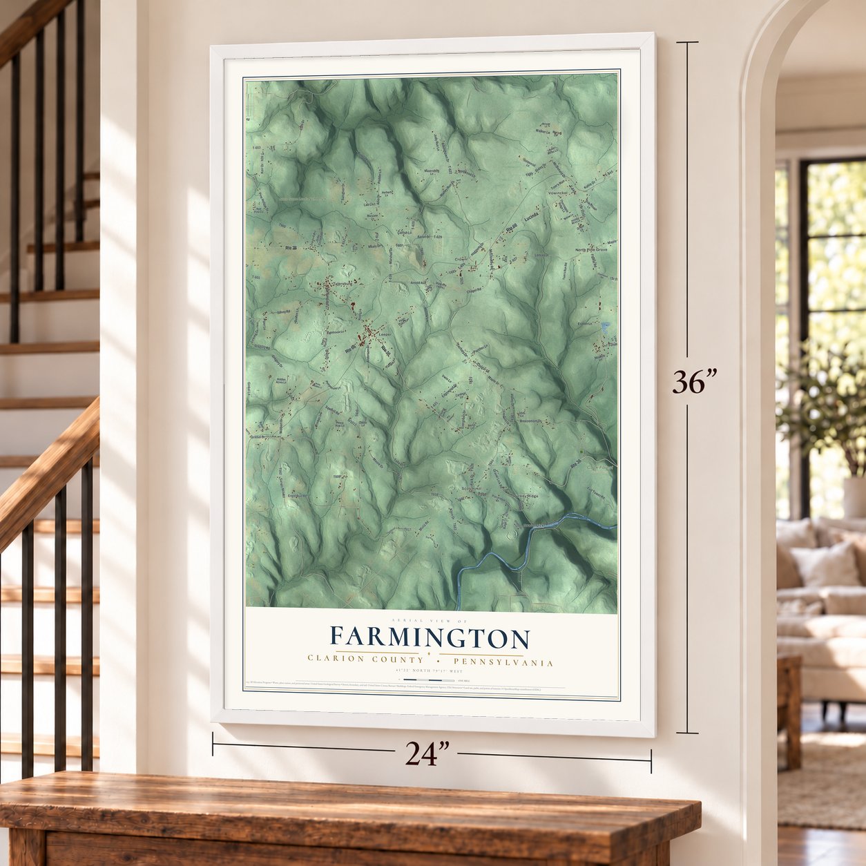 Farmington, Clarion County, Pennsylvania map, 24 x 36 inch print in a white frame by a staircase