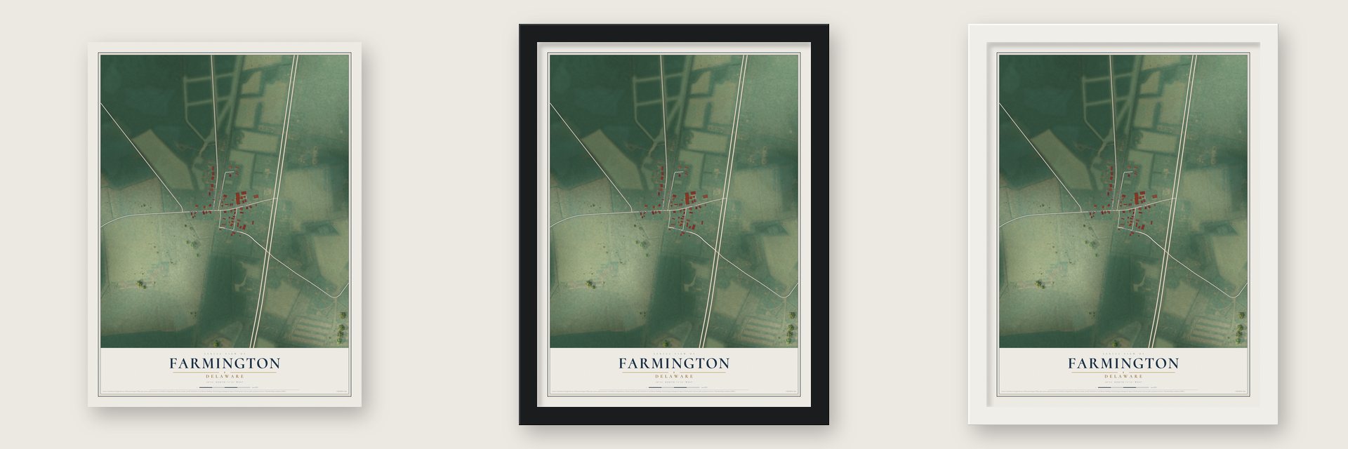 Farmington, Delaware map unframed, in a black wood frame and in a white wood frame