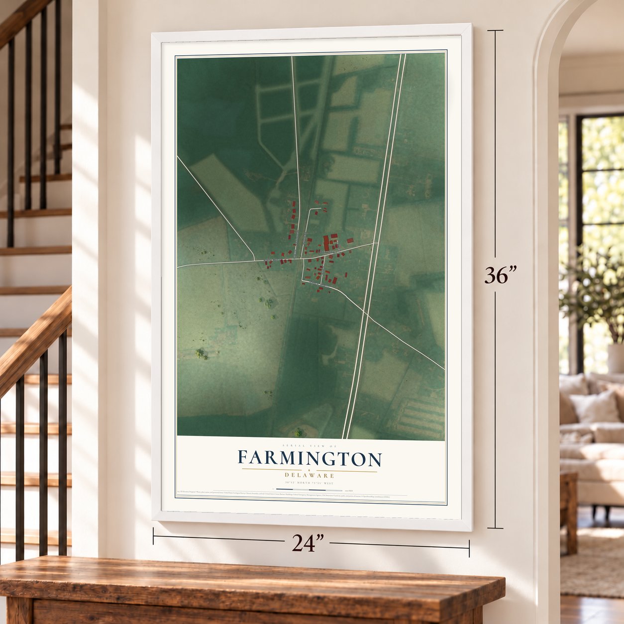 Farmington, Delaware map, 24 x 36 inch print in a white frame by a staircase