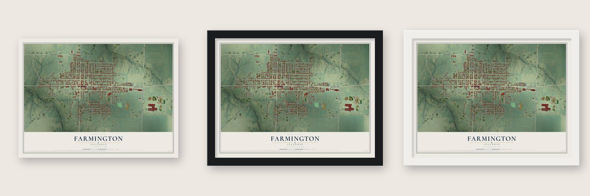 Farmington, Illinois map unframed, in a black wood frame and in a white wood frame