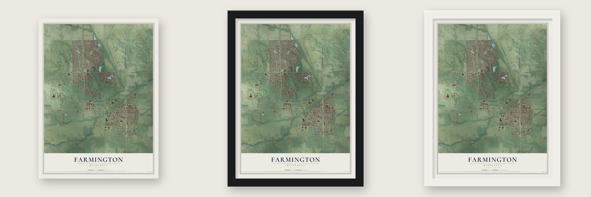 Farmington, Minnesota map unframed, in a black wood frame and in a white wood frame