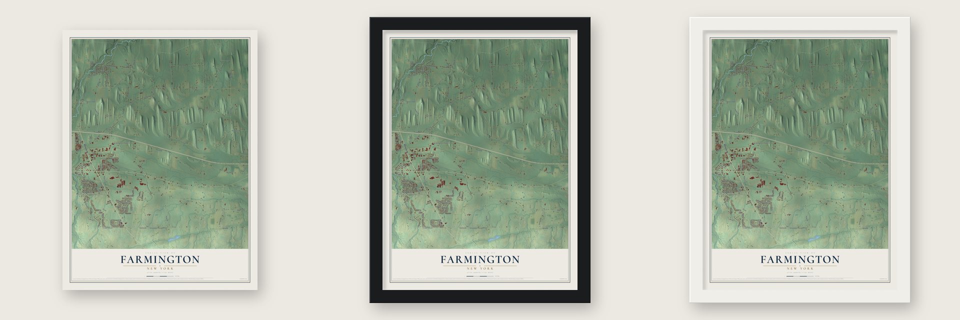 Farmington, New York map unframed, in a black wood frame and in a white wood frame