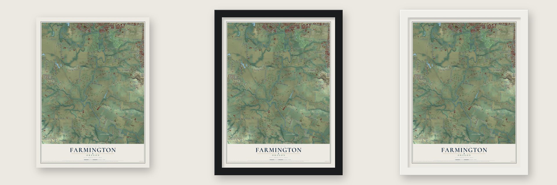 Farmington, Oregon map unframed, in a black wood frame and in a white wood frame