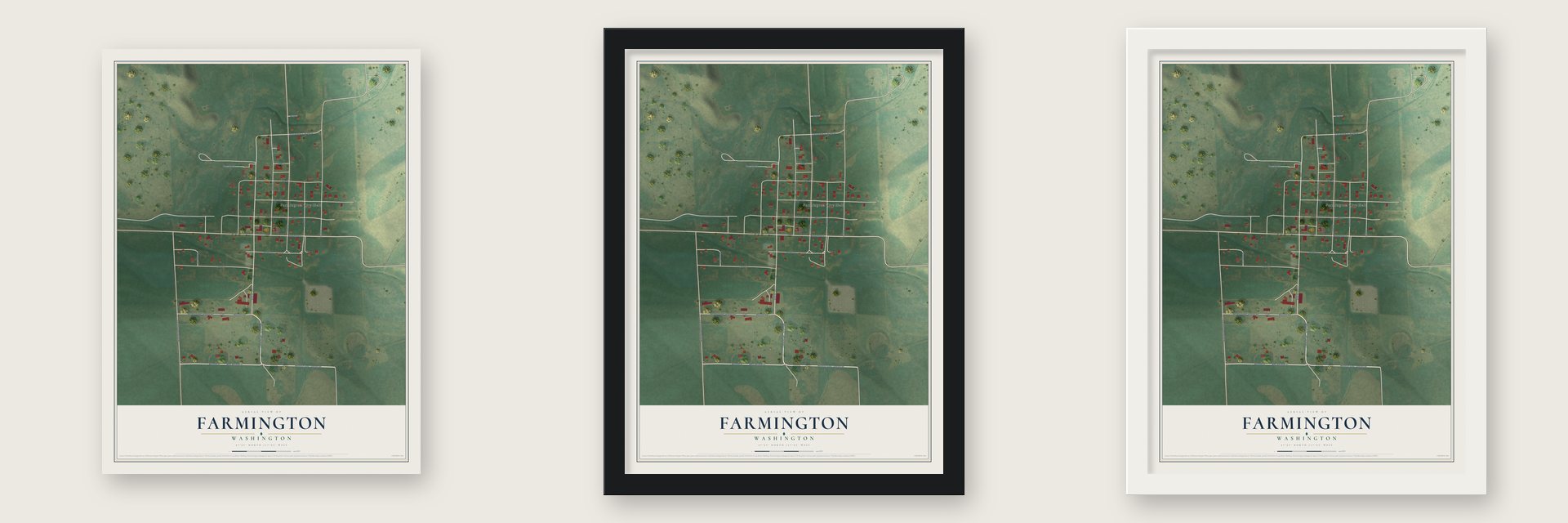 Farmington, Washington map unframed, in a black wood frame and in a white wood frame