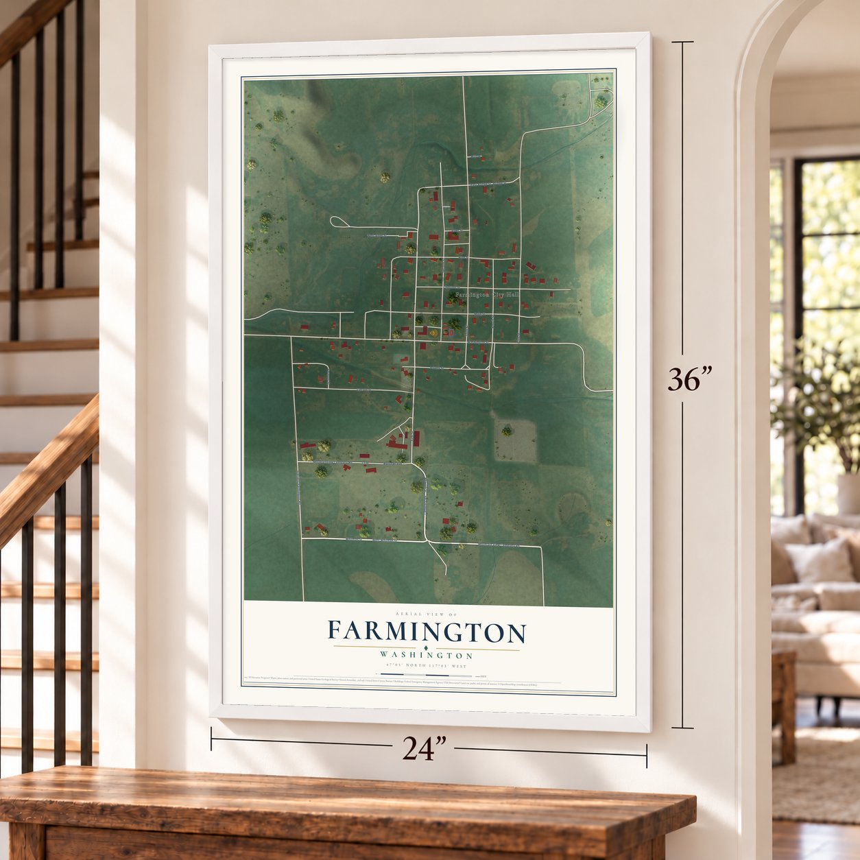 Farmington, Washington map, 24 x 36 inch print in a white frame by a staircase