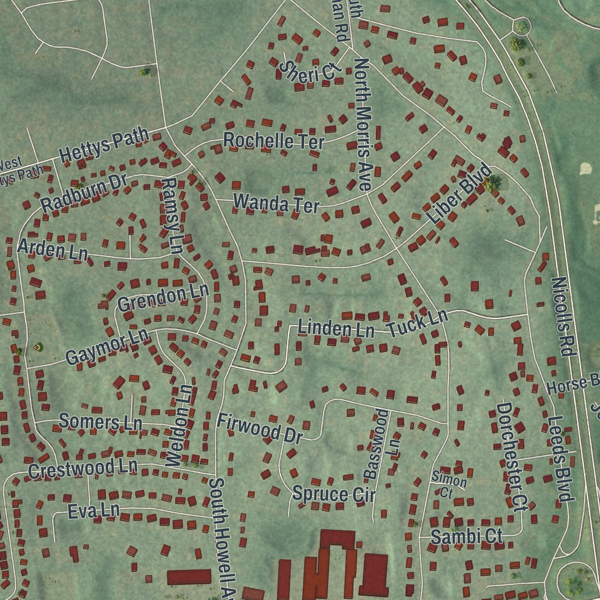 Second close-up of the map of Farmingville, New York print showing more streets and buildings