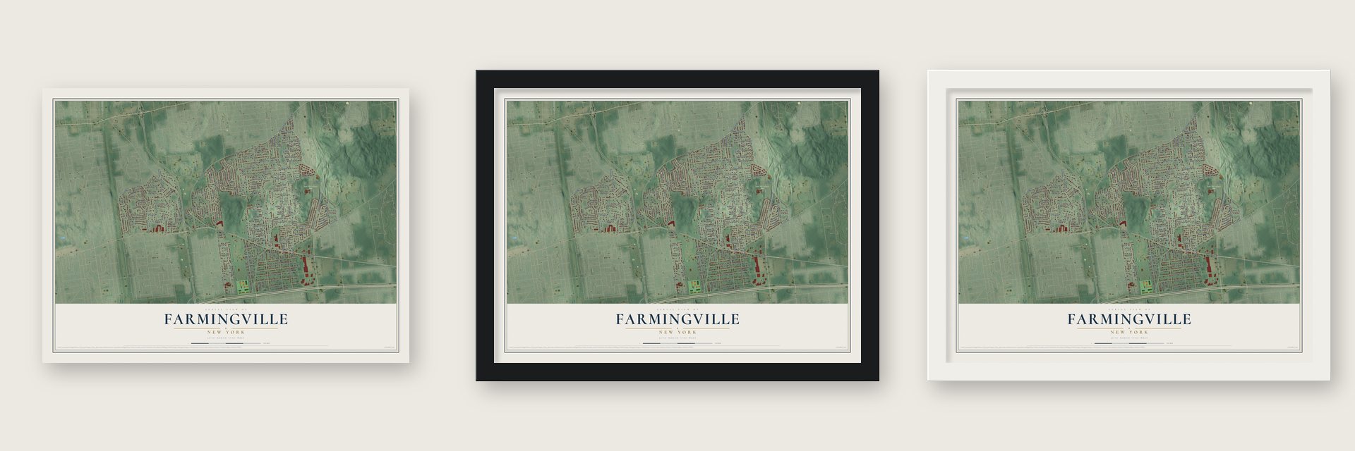 Farmingville, New York map unframed, in a black wood frame and in a white wood frame