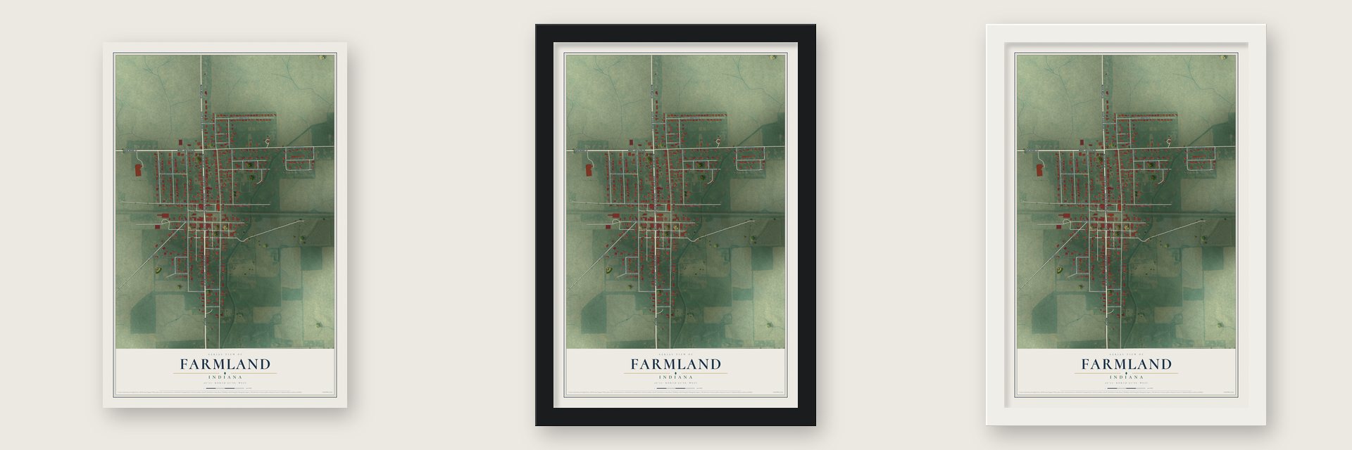 Farmland, Indiana map unframed, in a black wood frame and in a white wood frame