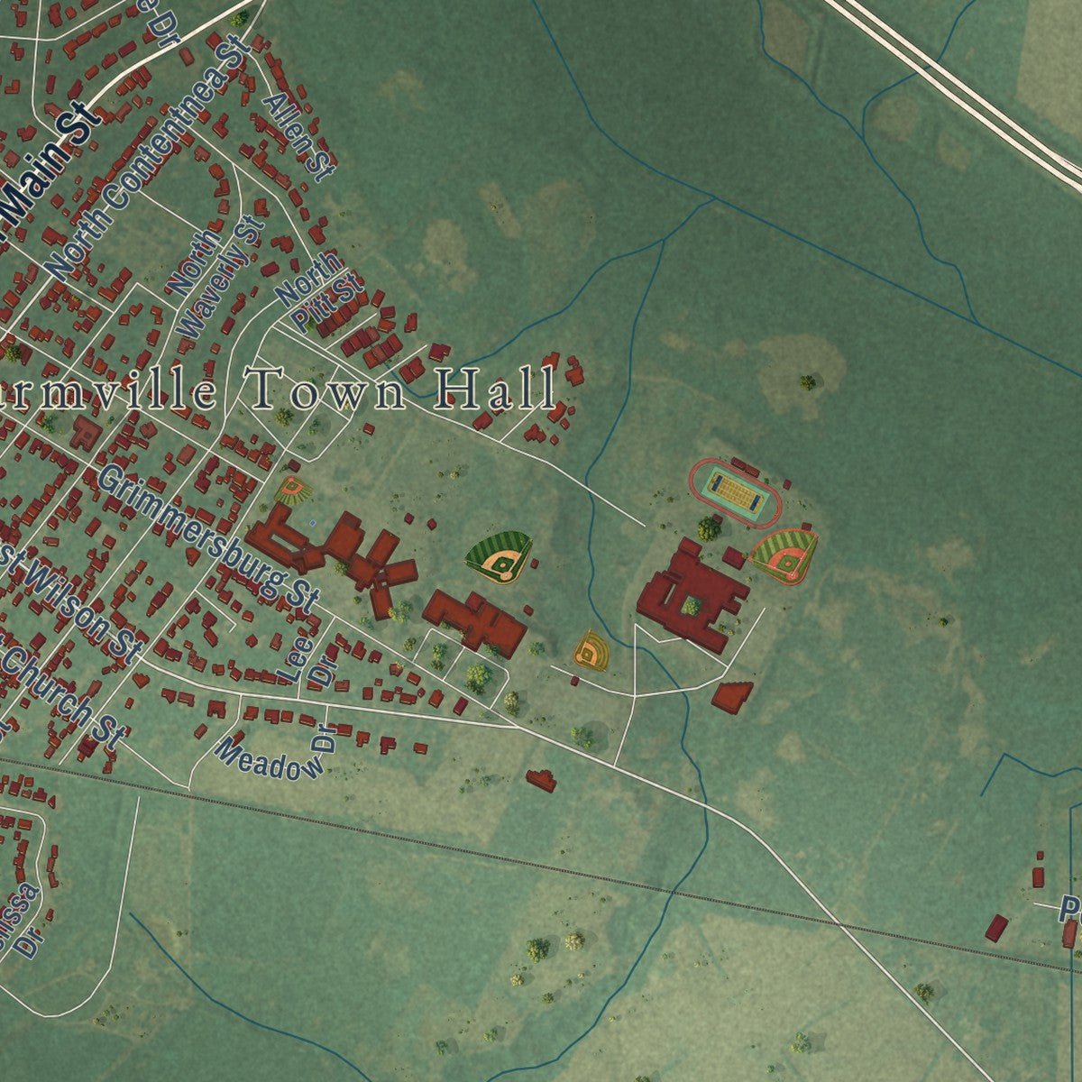 Second close-up of the map of Farmville, North Carolina print showing more streets and buildings