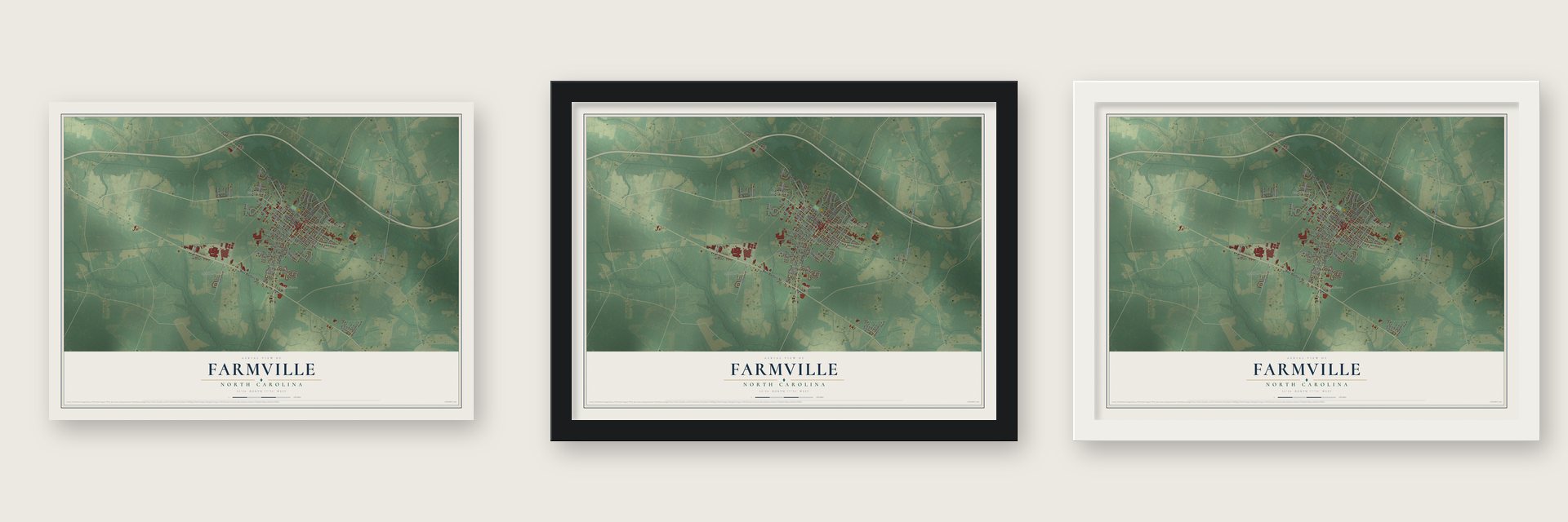Farmville, North Carolina map unframed, in a black wood frame and in a white wood frame