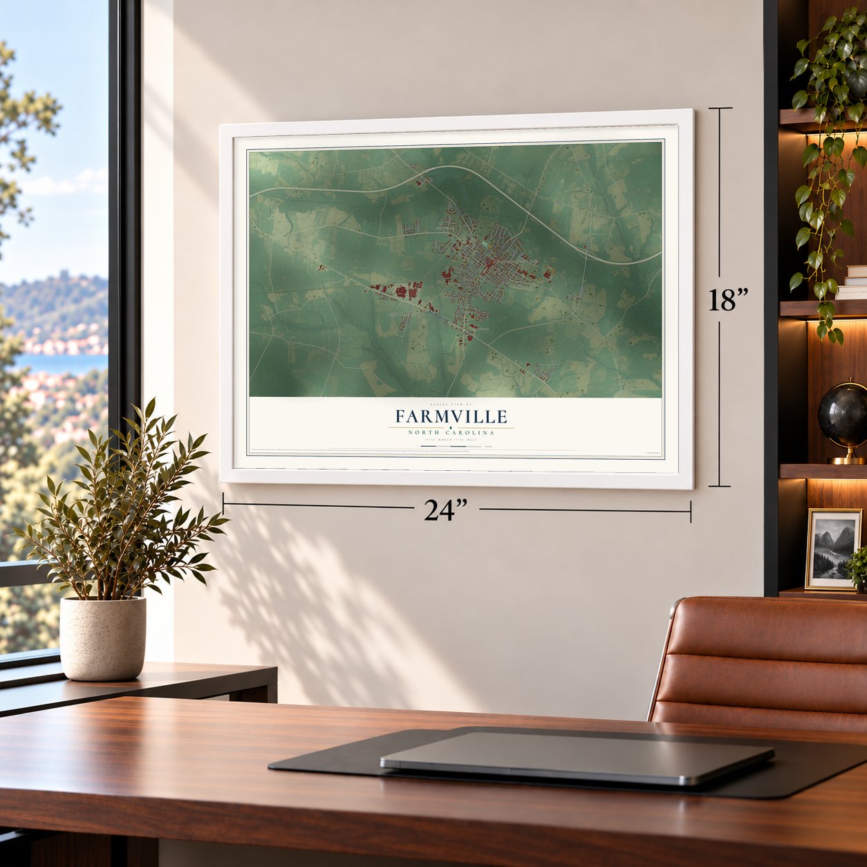 Farmville, North Carolina map, 18 x 24 inch print in a white frame in a home office