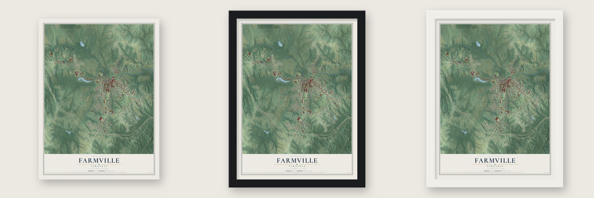 Farmville, Virginia map unframed, in a black wood frame and in a white wood frame