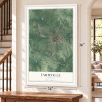Farmville, Virginia map, 24 x 36 inch print in a white frame by a staircase