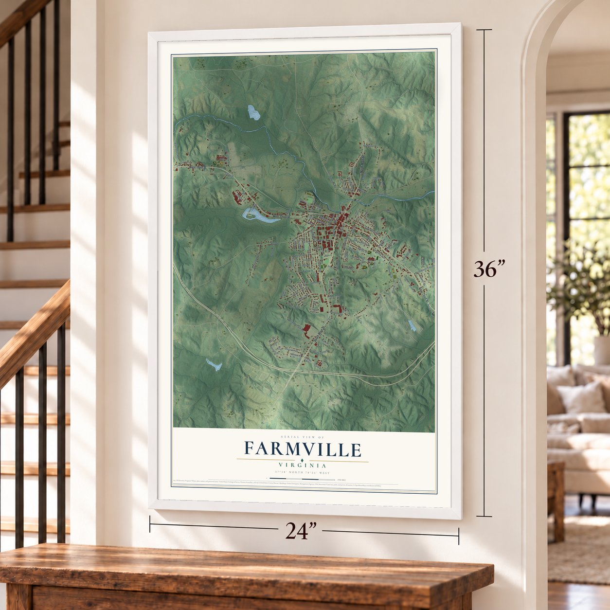 Farmville, Virginia map, 24 x 36 inch print in a white frame by a staircase