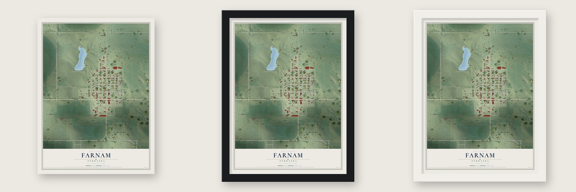 Farnam, Nebraska map unframed, in a black wood frame and in a white wood frame