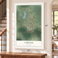 Farnam, Nebraska map, 24 x 36 inch print in a white frame by a staircase
