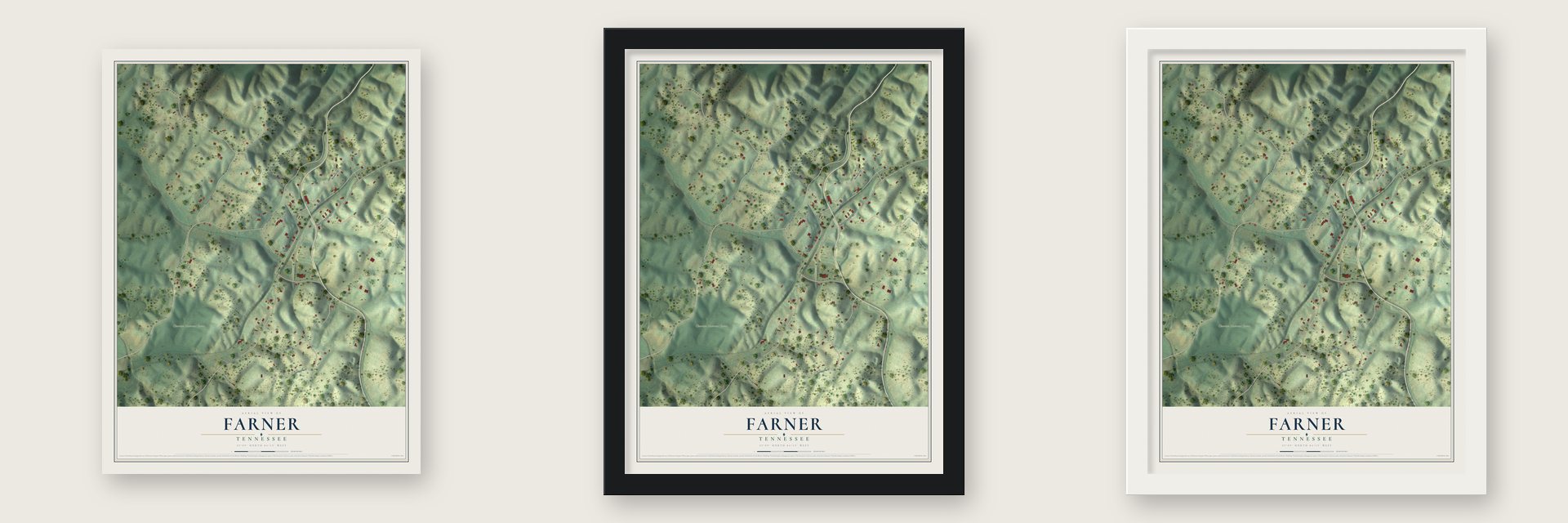 Farner, Tennessee map unframed, in a black wood frame and in a white wood frame