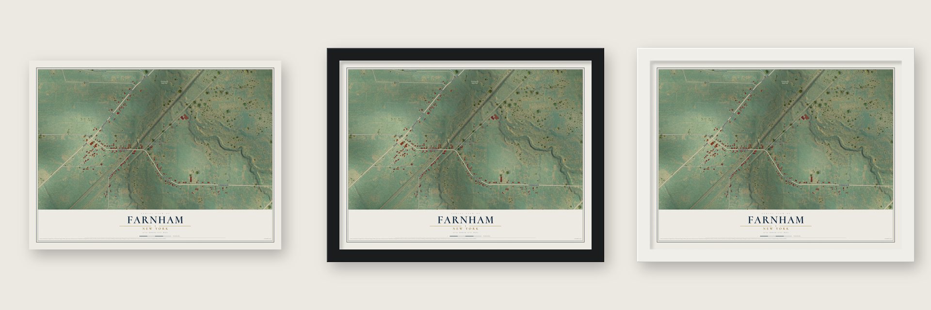 Farnham, New York map unframed, in a black wood frame and in a white wood frame