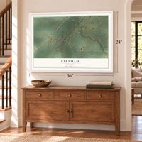 Farnham, New York map, 24 x 36 inch print in a white frame above a dresser by a staircase