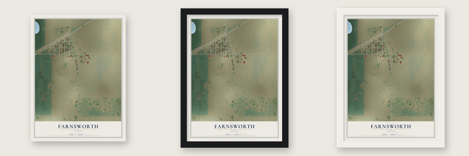 Farnsworth, Texas map unframed, in a black wood frame and in a white wood frame