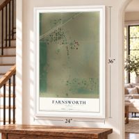 Farnsworth, Texas map, 24 x 36 inch print in a white frame by a staircase
