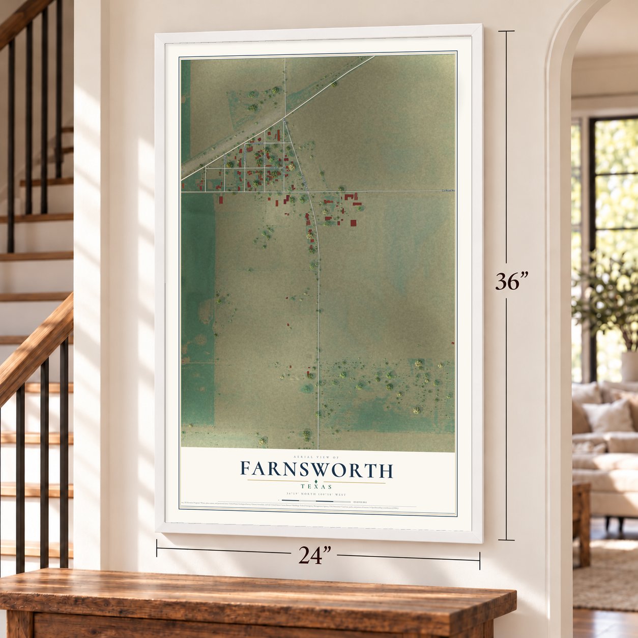 Farnsworth, Texas map, 24 x 36 inch print in a white frame by a staircase