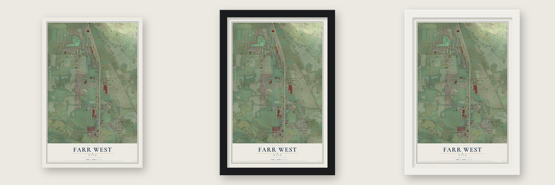 Farr West, Utah map unframed, in a black wood frame and in a white wood frame