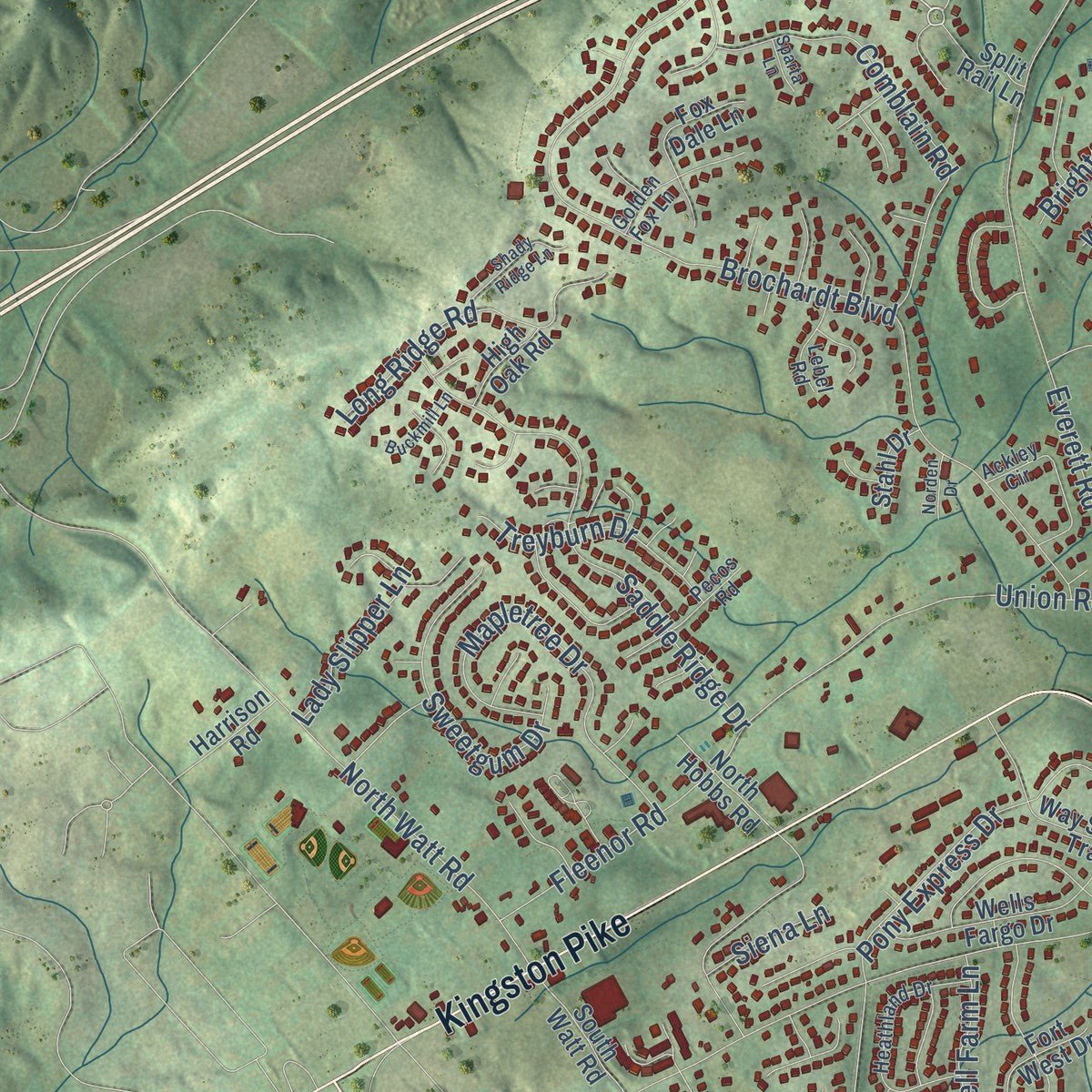 Second close-up of the map of Farragut, Tennessee print showing more streets and buildings