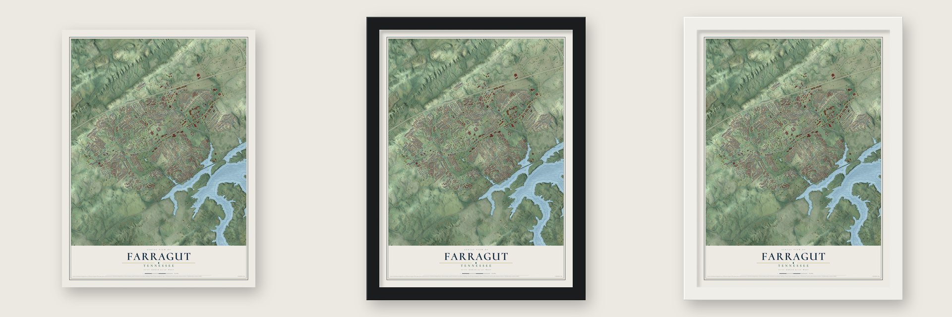 Farragut, Tennessee map unframed, in a black wood frame and in a white wood frame