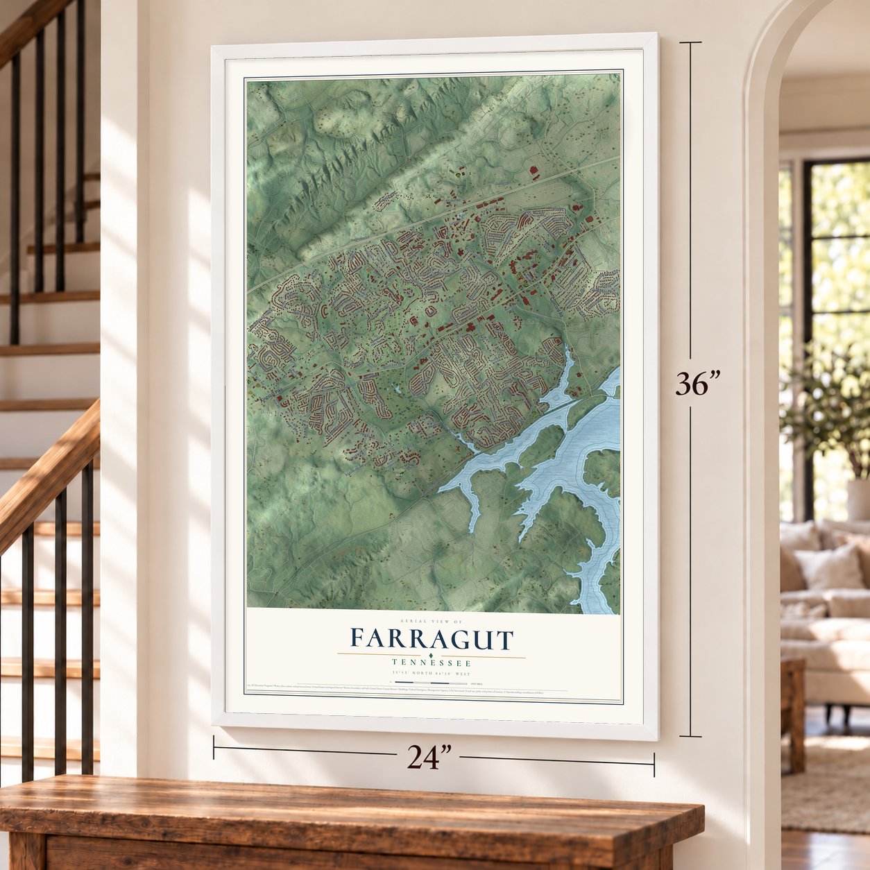 Farragut, Tennessee map, 24 x 36 inch print in a white frame by a staircase