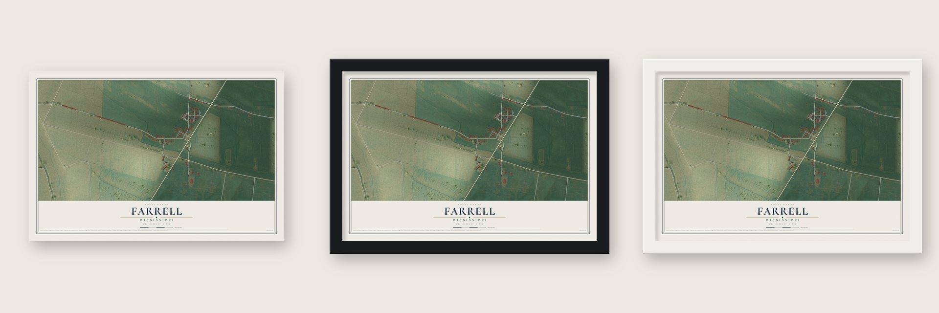 Farrell, Mississippi map unframed, in a black wood frame and in a white wood frame