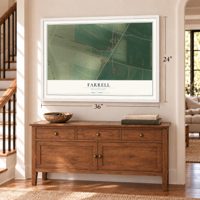 Farrell, Mississippi map, 24 x 36 inch print in a white frame above a dresser by a staircase