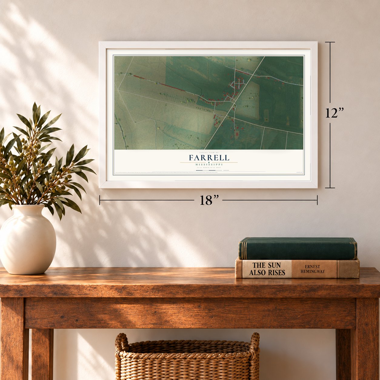 Farrell, Mississippi map, 12 x 18 inch print in a white frame in an entryway