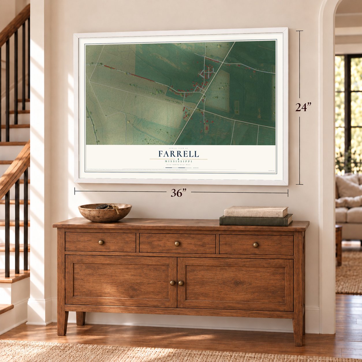 Farrell, Mississippi map, 24 x 36 inch print in a white frame above a dresser by a staircase