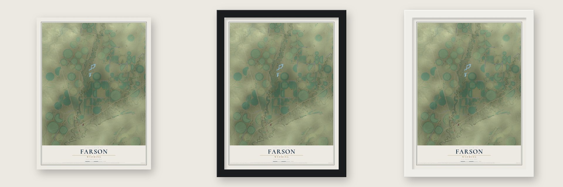 Farson, Wyoming map unframed, in a black wood frame and in a white wood frame
