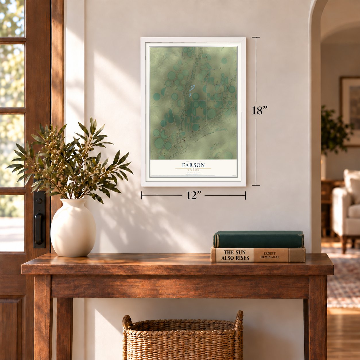 Farson, Wyoming map, 12 x 18 inch print in a white frame in an entryway