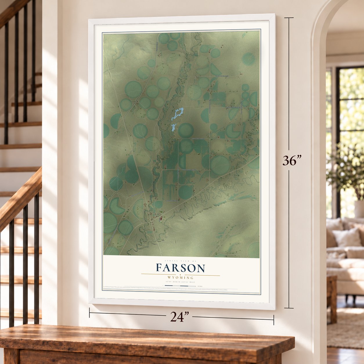 Farson, Wyoming map, 24 x 36 inch print in a white frame by a staircase